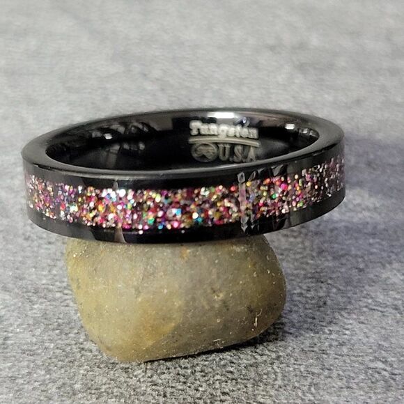 Personalized Engraved Men's Purple and Red Opal Tungsten Wedding Ring Band - Picture 2 of 7